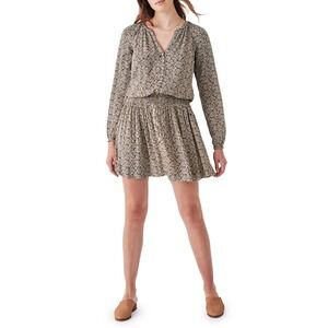Faherty Montara Leaf Batik Long Sleeve Smocked Waist Mini Dress Size Small